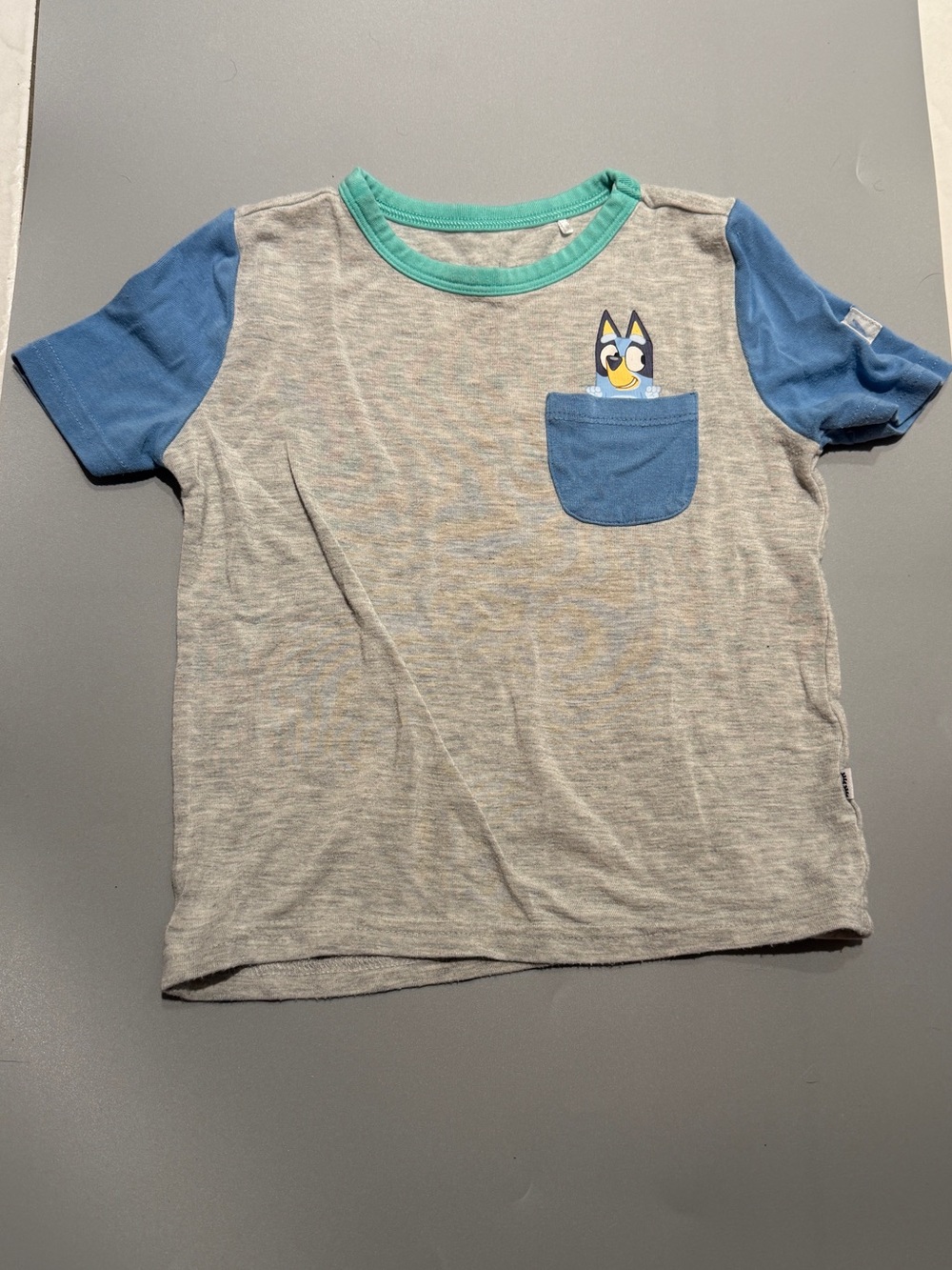 Little Sleepies Gray Tee with Blue Pocket and Green Trim